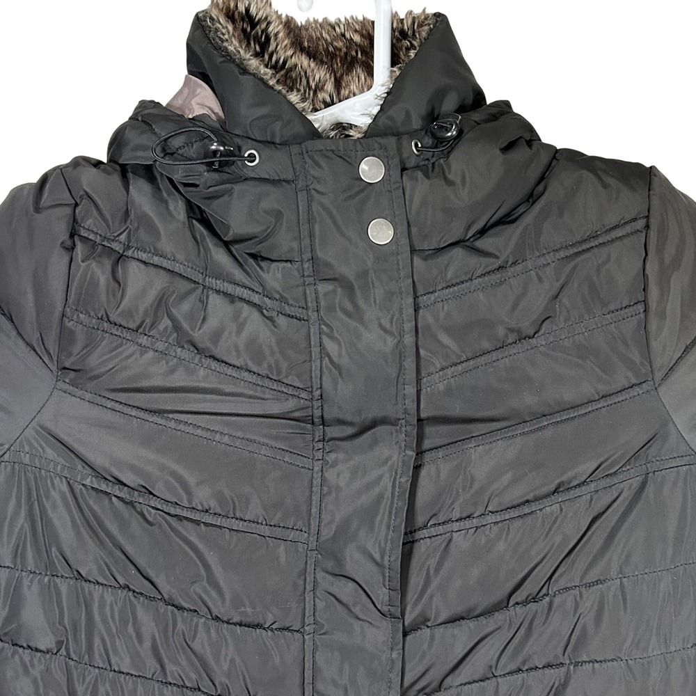 Black Puffer Coat‎ Faux Fur Hooded Jacket Winter Quilted Warm Women's Large